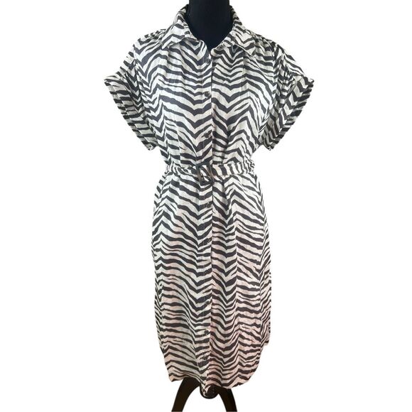 Tahari women’s Large Zebra Print brown black 100% Linen midi button up Dress - Picture 1 of 7
